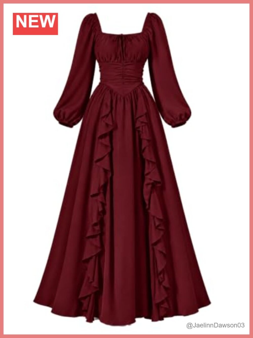 Renaissance Medieval Dress Square Neck Long Puff Sleeves Smocked Bodice